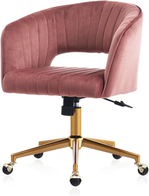 Modern Velvet Swivel Home Office Chair with Gold Base – 360° Rotation, Plush Upholstery, Easy Assembly, for Living Room, Bedroom, Vanity & Study Peach Maple