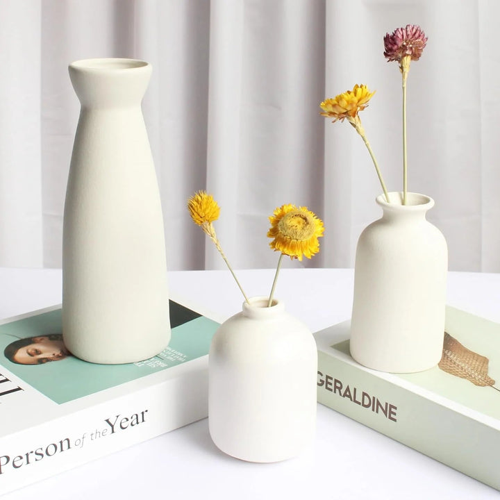 Boho Chic Ceramic Vase Trio - White Distressed Flower Vases GH Modern Living