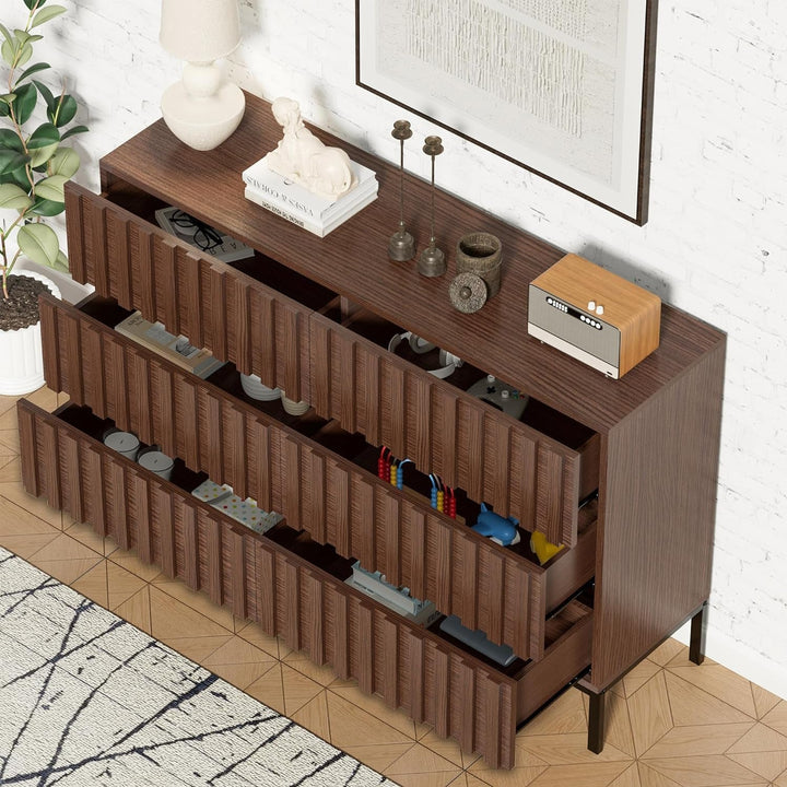 Fluted Walnut 6-Drawer Dresser with Metal Stand – Modern Storage Chest for Bedroom & Living Room Peach Maple