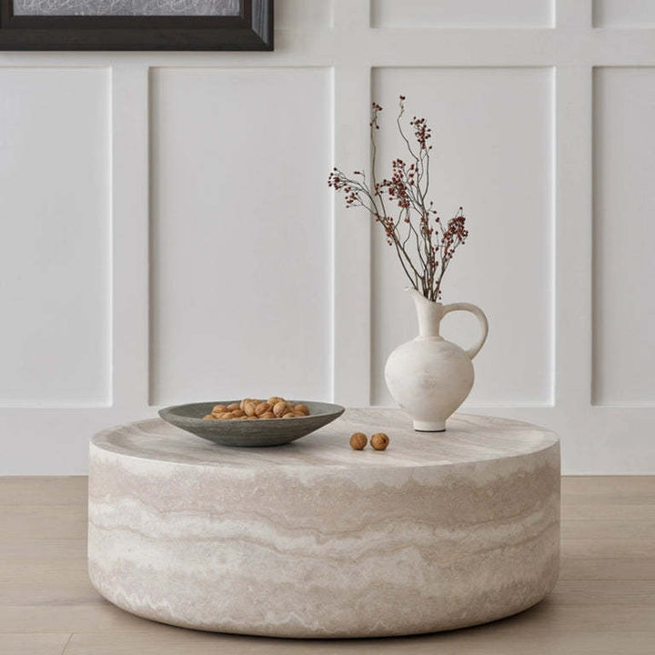 Modern Round Faux Travertine Coffee Table – 31.5" Fiberglass Center Table for Living Room, No Assembly Needed Sangria Beech