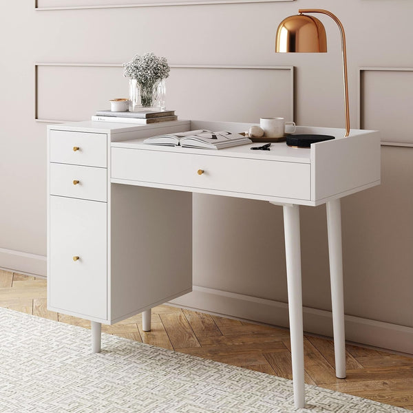 Daisy Mid-Century White Vanity Desk with Brass Knobs – 4-Drawer Makeup Table & Writing Desk for Bedroom or Home Office Peach Maple