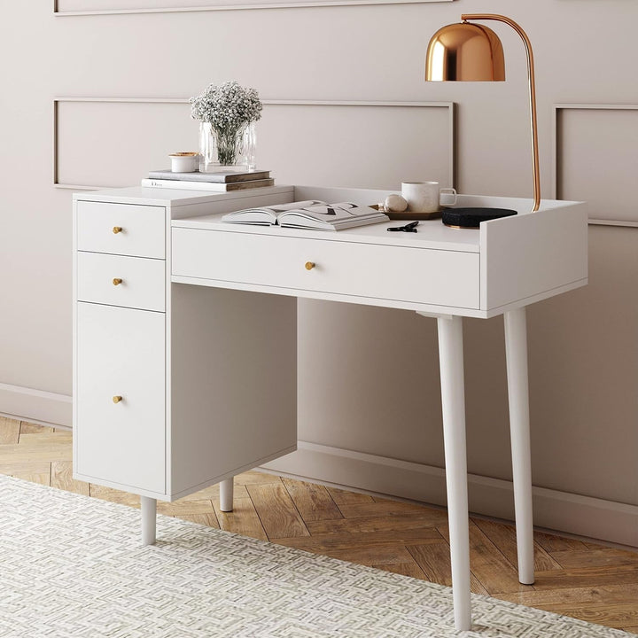 Daisy Mid-Century White Vanity Desk with Brass Knobs – 4-Drawer Makeup Table & Writing Desk for Bedroom or Home Office Peach Maple