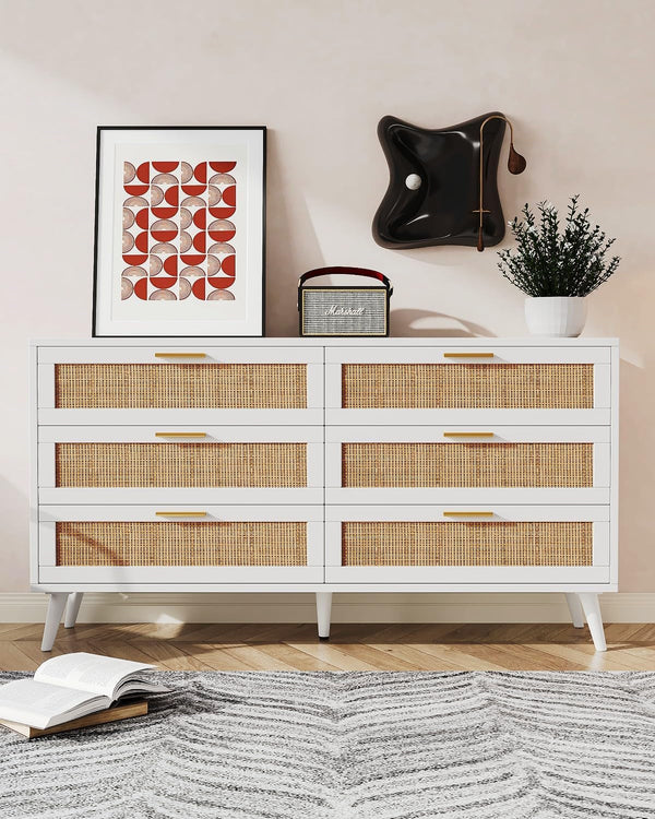 Modern 6 Drawer Double Dresser with Elegant Rattan Accents & Gold Handles – Spacious Storage for Bedroom, Living Room, or Entryway Peach Maple