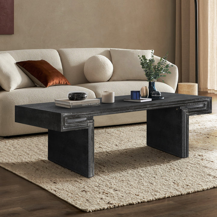 American Vintage Rectangular Coffee Table – Dual-Tier Rustic Wood Center Table with Open Shelves, Antique Black Finish Sangria Beech