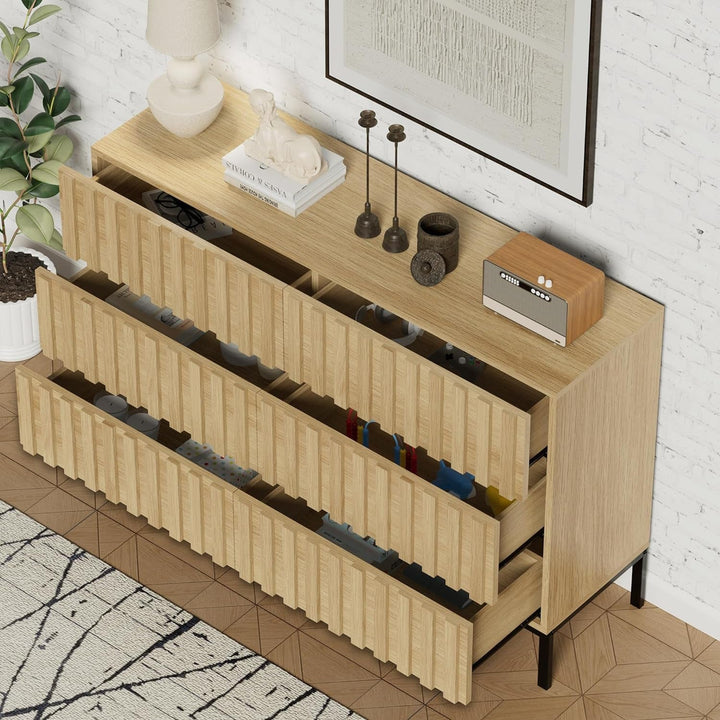 Modern 6-Drawer Wooden Dresser with Vertical Accent Lines – Spacious Bedroom Storage & TV Stand, Natural Wood Finish Peach Maple