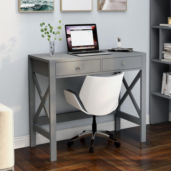ChooChoo 2-Drawer Farmhouse Home Office Desk – White, 39.4" Peach Maple