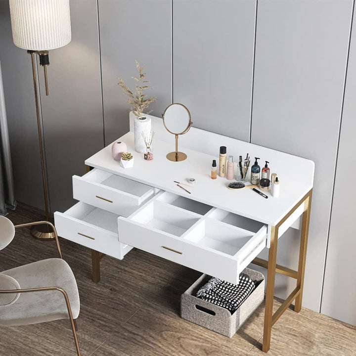 Modern White Vanity Desk with 3 Drawers & Gold Metal Legs – Compact Makeup Table or Computer Desk with Storage & Anti-Fall Fence for Bedroom or Home Office Peach Maple