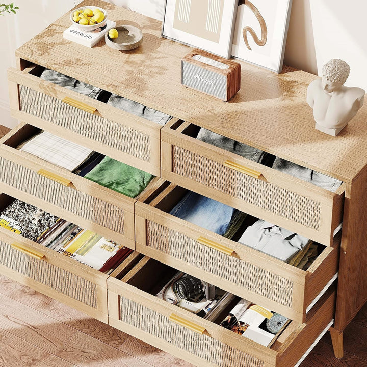 6-Drawer Rattan Dresser – Boho Chic Mid-Century Storage Cabinet with Golden Handles, Natural Finish, Versatile for Bedroom, Entryway, or Living Room Peach Maple