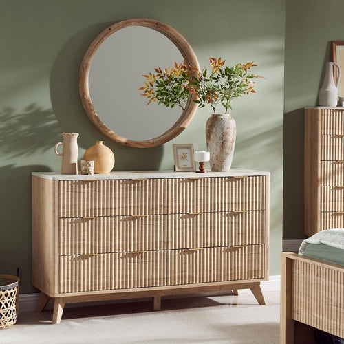 Modern 6-Drawer Dresser with Fluted Panels & Faux Marble Top – 54" Wide Storage Cabinet for Bedroom, Living Room, or Entryway Peach Maple