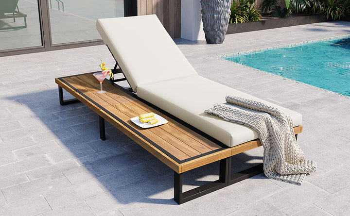 Adjustable Outdoor Chaise Lounge Chair with 5-Position Recline, Acacia Wood Frame & Thick Cushion – Poolside Recliner with Side Table, Beige Sangria Beech