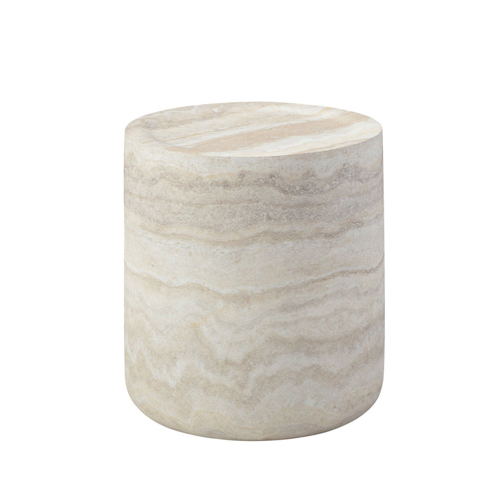 Modern Beige Round Fiberglass Coffee Table – Faux Travertine Side Table for Living Room Sangria Beech