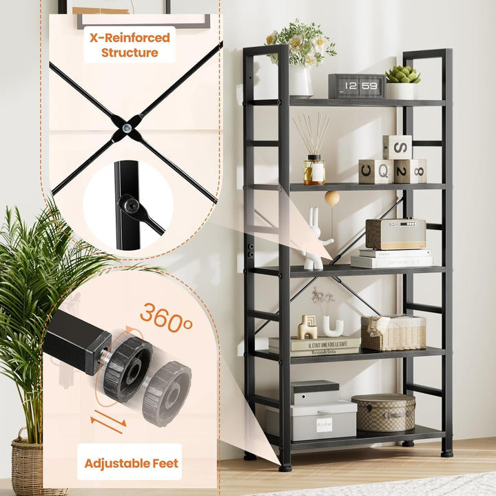 Modern 5-Tier Tall Bookshelf with Metal Frame – Space-Saving Industrial Bookcase Storage Shelf for Living Room, Bedroom, or Office – 62.2" H Freestanding Wood Shelving Unit Peach Maple