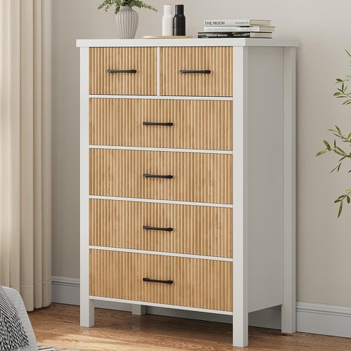 White Fluted 6-Drawer Dresser – Modern Tall Chest with Wavy Panels & Black Handles for Bedroom, Living Room, or Entryway Peach Maple