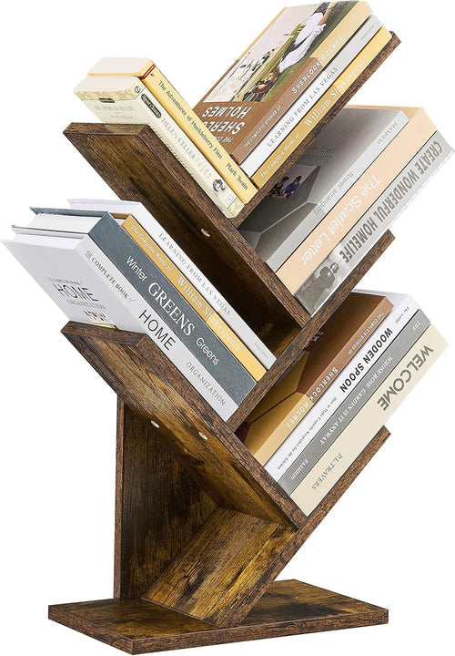 Hoctieon 4-Tier Tree Bookshelf – Small Space Corner Bookcase with Rustic Wood & Metal Frame, Compact Vertical Storage Shelf with Anti-Tip Kit, Freestanding Organizer for Living Room, Bedroom, Office Peach Maple