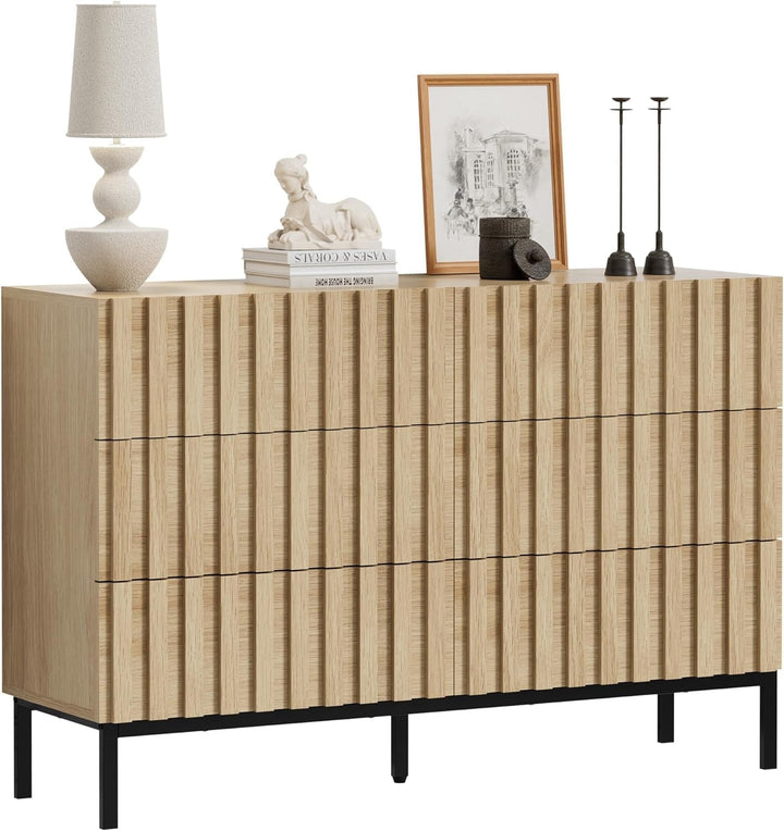 Modern 6-Drawer Wooden Dresser with Vertical Accent Lines – Spacious Bedroom Storage & TV Stand, Natural Wood Finish Peach Maple