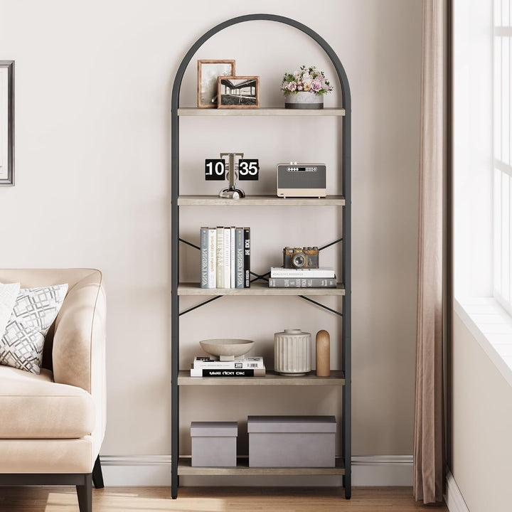 IDEALHOUSE 5-Tier Tall Bookshelf with Wood Grain MDF & Metal Frame – Industrial Grey Bookcase with Gold Accents, X-Shaped Support, Adjustable Feet, and Anti-Tip Safety Straps (23.6" W x 70.9" H) Peach Maple