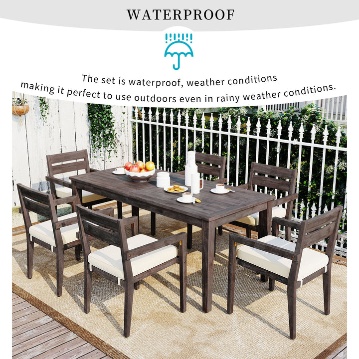 7-Piece Outdoor Acacia Wood Dining Set – Burly Wood Table and 6 Chairs with Cushions, Weather-Resistant Patio Furniture for Garden, Balcony, Backyard Sangria Beech