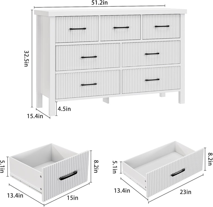 Modern White 7-Drawer Dresser with Fluted Panels – Wide Storage Chest with Black Handles, MDF Wood, for Bedroom, Living Room, or Hallway Peach Maple
