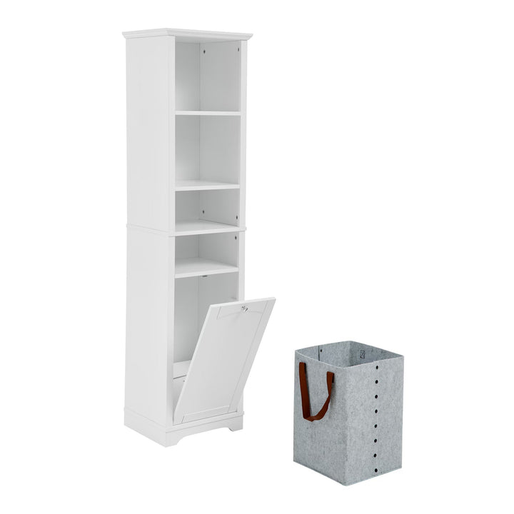 64" Tall White Bathroom Storage Cabinet with Laundry Hamper – Floor Standing Organizer with 4 Adjustable Shelves, Hidden Storage for Small Spaces CJDropshipping