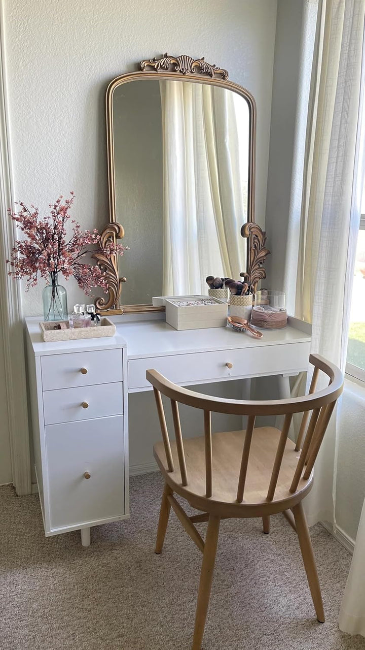 Daisy Mid-Century White Vanity Desk with Brass Knobs – 4-Drawer Makeup Table & Writing Desk for Bedroom or Home Office Peach Maple