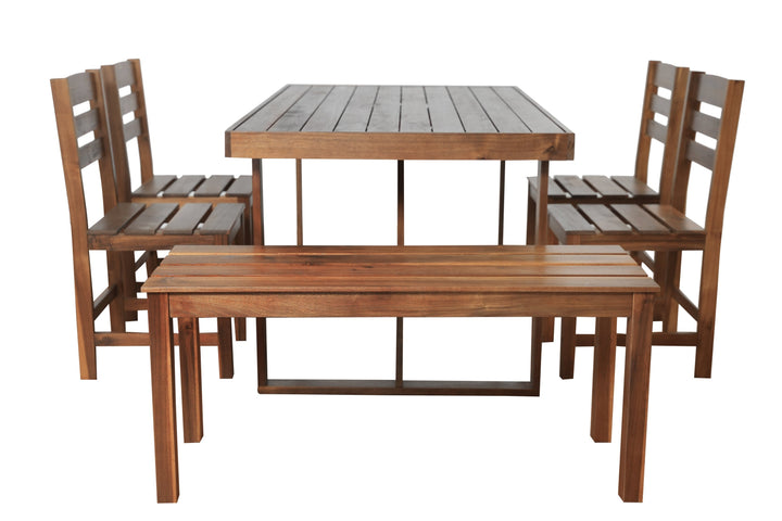 6-Piece Outdoor Acacia Wood Dining Set – Includes Table, Bench & 4 Chairs – Modern Patio Furniture for Garden, Balcony, or Deck (Brown) Sangria Beech