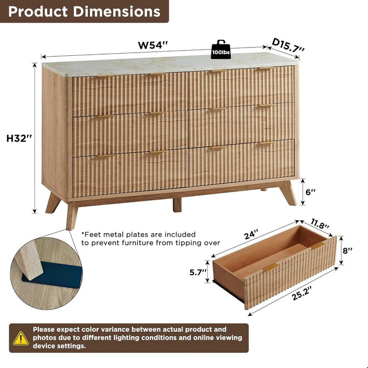 Modern 6-Drawer Dresser with Fluted Panels & Faux Marble Top – 54" Wide Storage Cabinet for Bedroom, Living Room, or Entryway Peach Maple