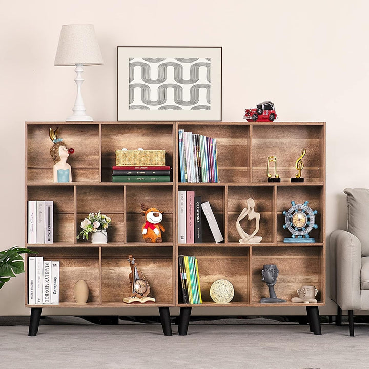 Oak Grey Mid-Century Modern 3-Tier Cube Bookshelf – 7-Cube Wood Storage Organizer for Living Room, Office, or Bedroom Peach Maple