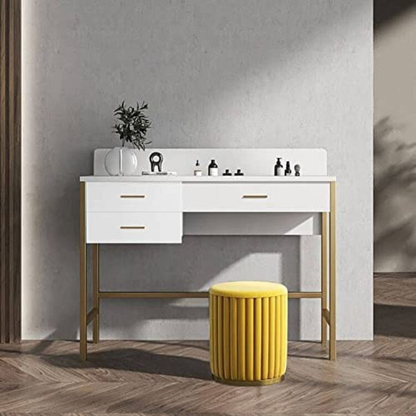 Modern White Vanity Desk with 3 Drawers & Gold Metal Legs – Compact Makeup Table or Computer Desk with Storage & Anti-Fall Fence for Bedroom or Home Office Peach Maple