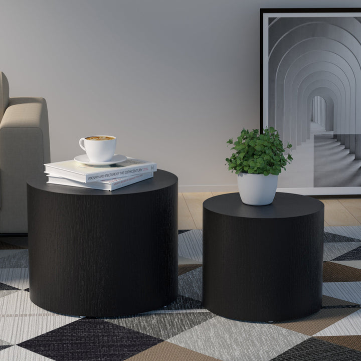 Matte Black MDF Side Table Set of 2 with Ash, Oak & Walnut Veneer – Nesting Coffee & End Tables, No Assembly Needed Sangria Beech