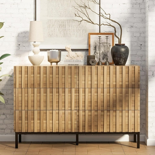 Modern 6-Drawer Wooden Dresser with Vertical Line Accents – Spacious Storage Chest for Bedroom & Living Room Peach Maple