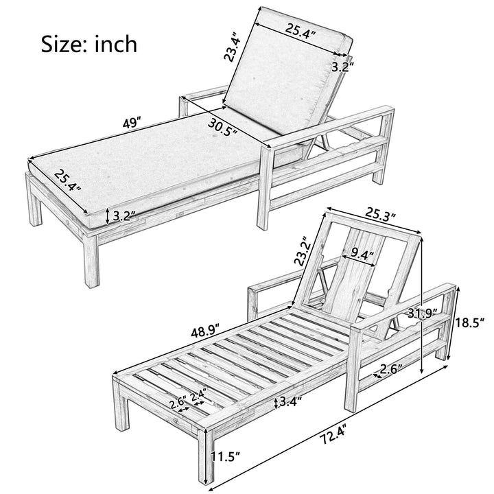 Acacia Wood Outdoor Lounge Chair with 3-Position Adjustable Backrest & Cushions – Natural Finish, High-Density Foam, Weather-Resistant Recliner for Patio, Garden, or Poolside Sangria Beech