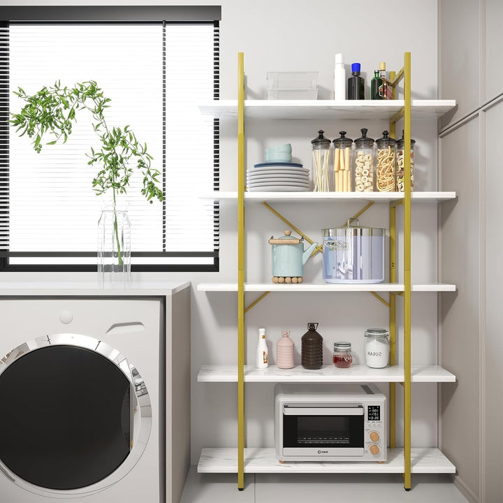 Azheruol 5-Tier White Faux Marble Bookshelf – Gold Frame Ladder Shelf for Living Room, Office, or Kitchen Peach Maple