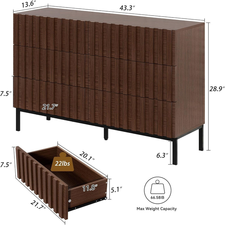 Fluted Walnut 6-Drawer Dresser with Metal Stand – Modern Storage Chest for Bedroom & Living Room Peach Maple