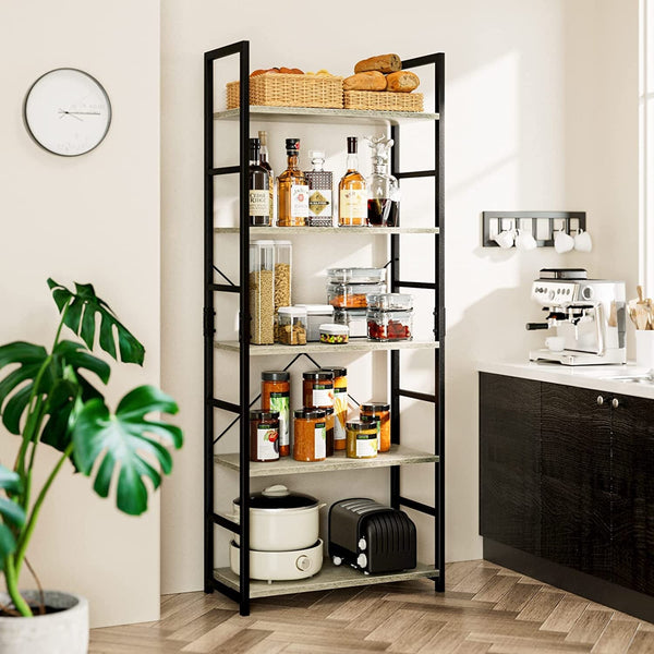 Numenn 5-Tier Industrial Bookshelf – Metal Frame & Teak Particle Board Shelves, 23.6" Wide Modern Bookcase with Fixed Rod Support & Anti-Tip Kit, Storage Rack for Home, Office, Bedroom Peach Maple