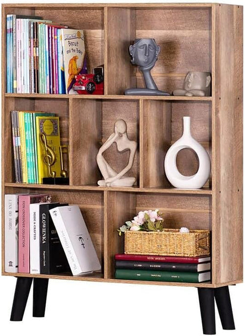 Oak Grey Mid-Century Modern 3-Tier Cube Bookshelf – 7-Cube Wood Storage Organizer for Living Room, Office, or Bedroom Peach Maple