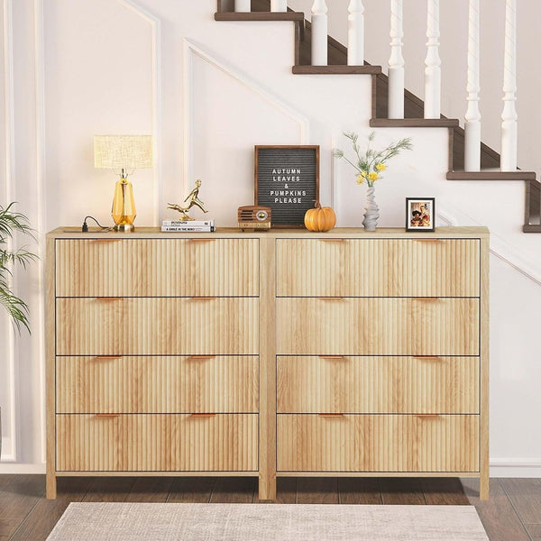 Modern 4 Drawer Wood Dresser – Fluted Wavefront Storage Cabinet with Solid Legs, MDF Chest for Bedroom & Living Room Peach Maple