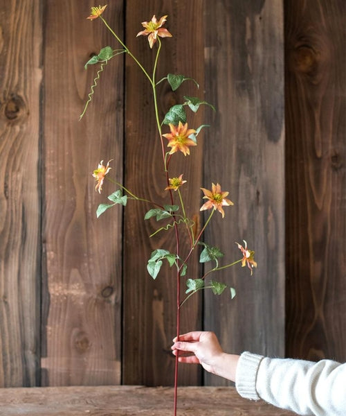 Handmade Clematis Silk Flower Stem – 40.5" Tall Faux Floral with 7 Orange Blooms Sangria Uranus