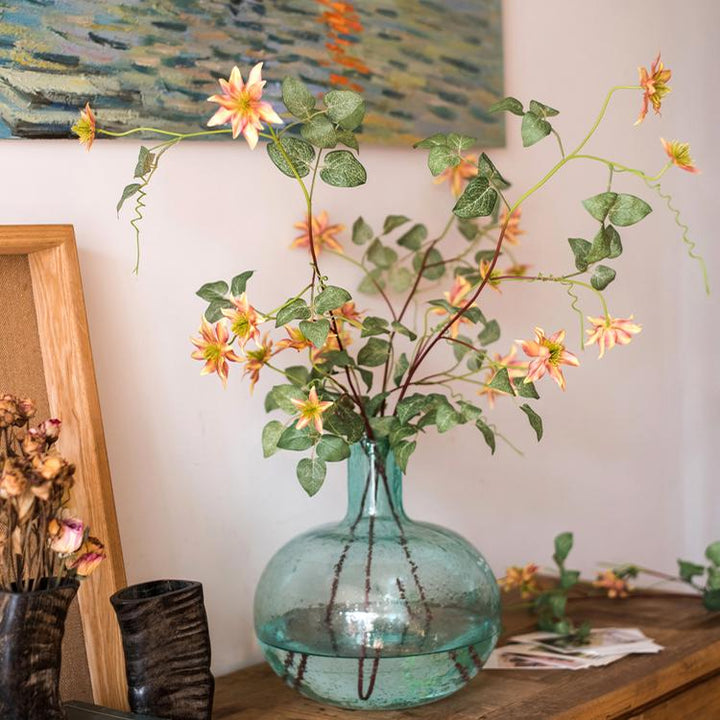 Handmade Clematis Silk Flower Stem – 40.5" Tall Faux Floral with 7 Orange Blooms Sangria Uranus