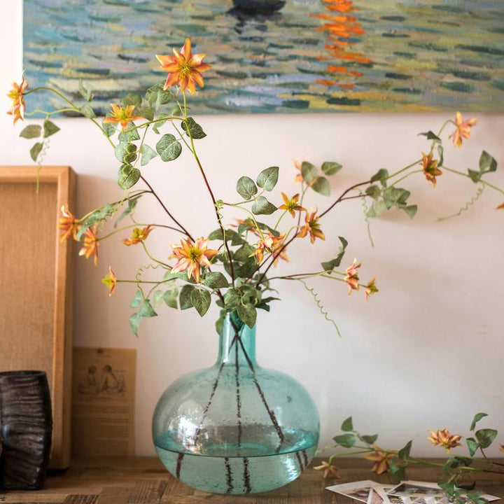 Handmade Clematis Silk Flower Stem – 40.5" Tall Faux Floral with 7 Orange Blooms Sangria Uranus