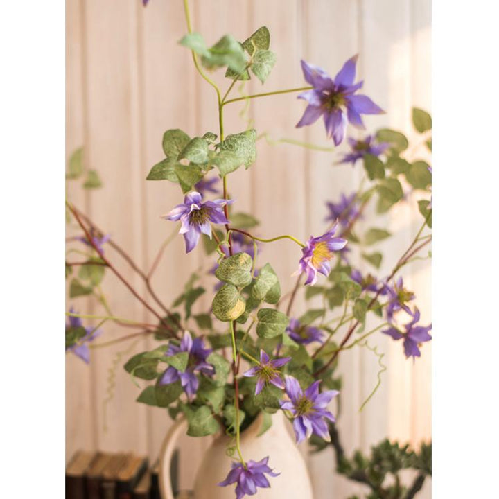 Handmade Clematis Silk Flower Stem – 40.5" Tall Faux Purple Floral with 7 Blooms Sangria Uranus