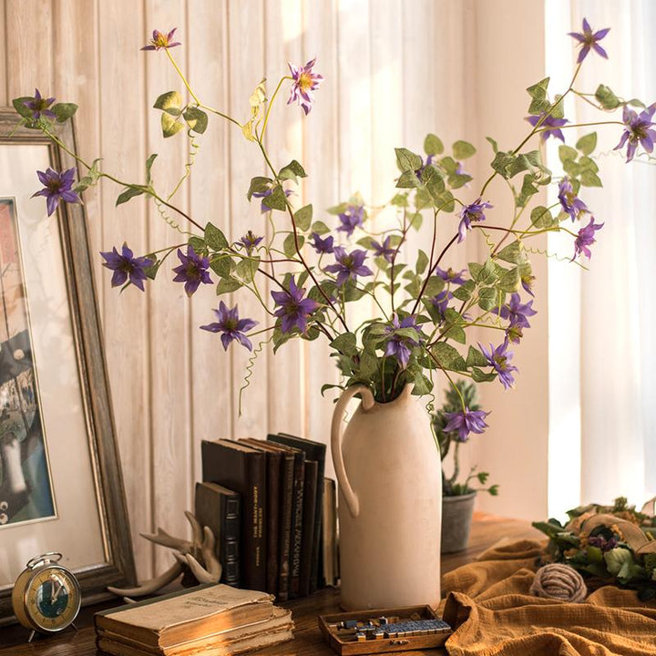 Handmade Clematis Silk Flower Stem – 40.5" Tall Faux Purple Floral with 7 Blooms Sangria Uranus
