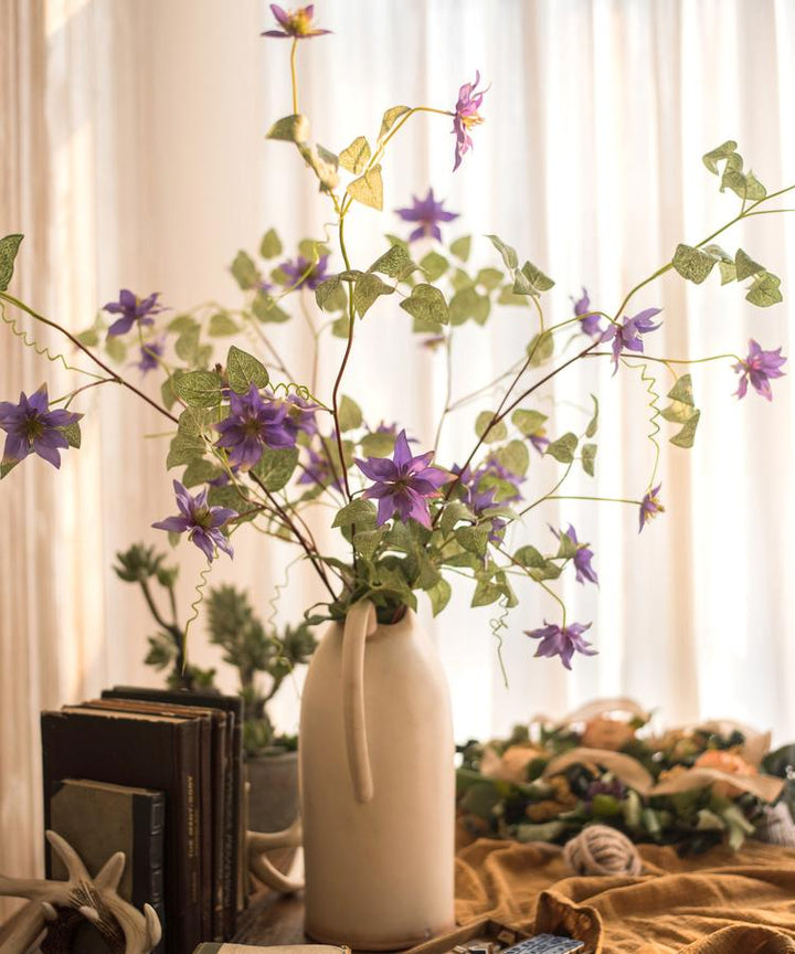 Handmade Clematis Silk Flower Stem – 40.5" Tall Faux Purple Floral with 7 Blooms Sangria Uranus