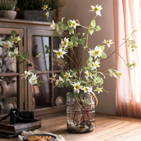 Handmade Clematis Silk Flower Stem – 40" White Faux Floral Branch with 7 Blooms Sangria Uranus