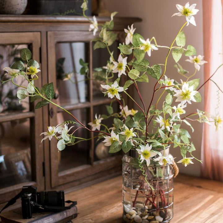 Handmade Clematis Silk Flower Stem – 40" White Faux Floral Branch with 7 Blooms Sangria Uranus