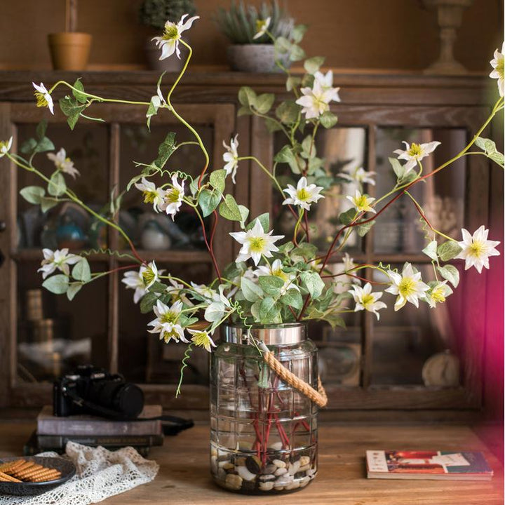 Handmade Clematis Silk Flower Stem – 40" White Faux Floral Branch with 7 Blooms Sangria Uranus