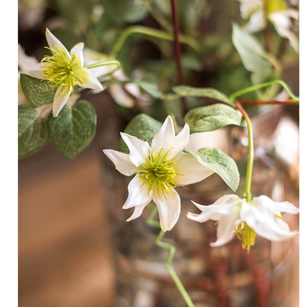 Handmade Clematis Silk Flower Stem – 40" White Faux Floral Branch with 7 Blooms Sangria Uranus