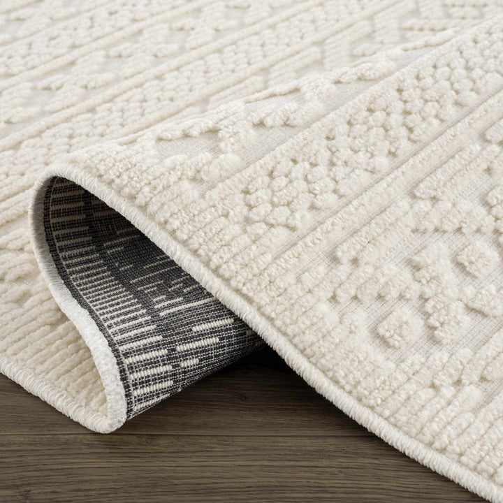 Fadey Washable Area Rug – Beige & Ivory High-Low Trellis Design, Machine Woven Medium Pile, Boho & Transitional Style Champagne Themis