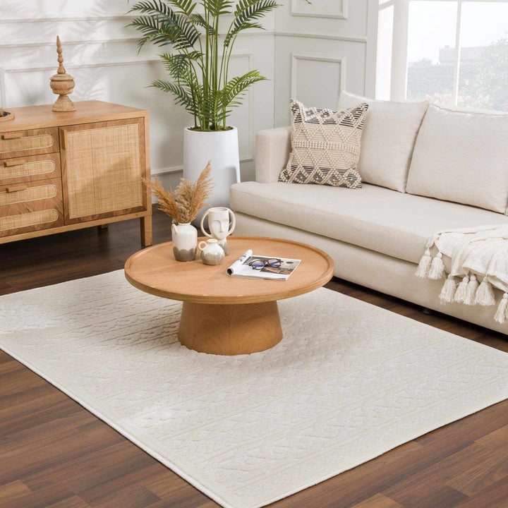 Fadey Washable Area Rug – Beige & Ivory High-Low Trellis Design, Machine Woven Medium Pile, Boho & Transitional Style Champagne Themis