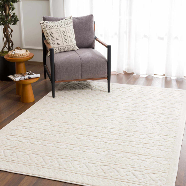 Fadey Washable Area Rug – Beige & Ivory High-Low Trellis Design, Machine Woven Medium Pile, Boho & Transitional Style Champagne Themis