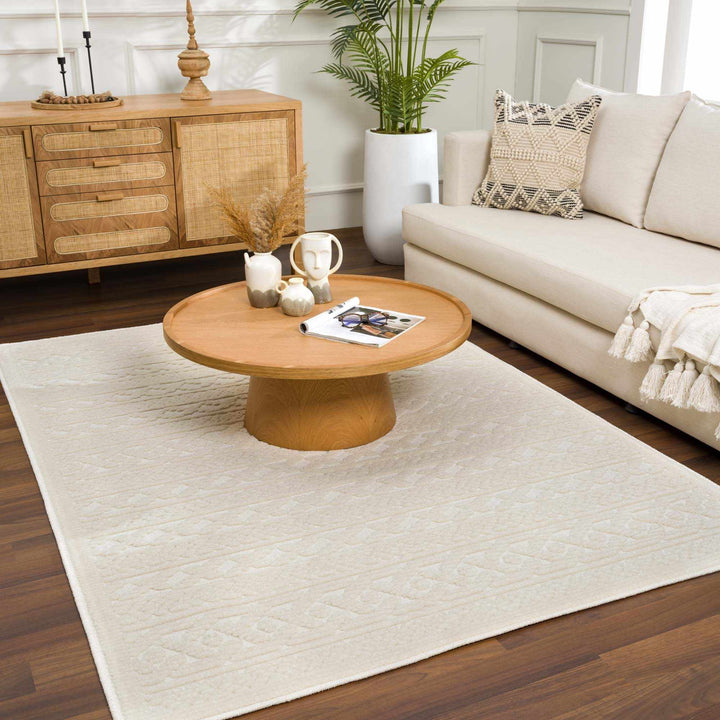 Fadey Washable Area Rug – Beige & Ivory High-Low Trellis Design, Machine Woven Medium Pile, Boho & Transitional Style Champagne Themis